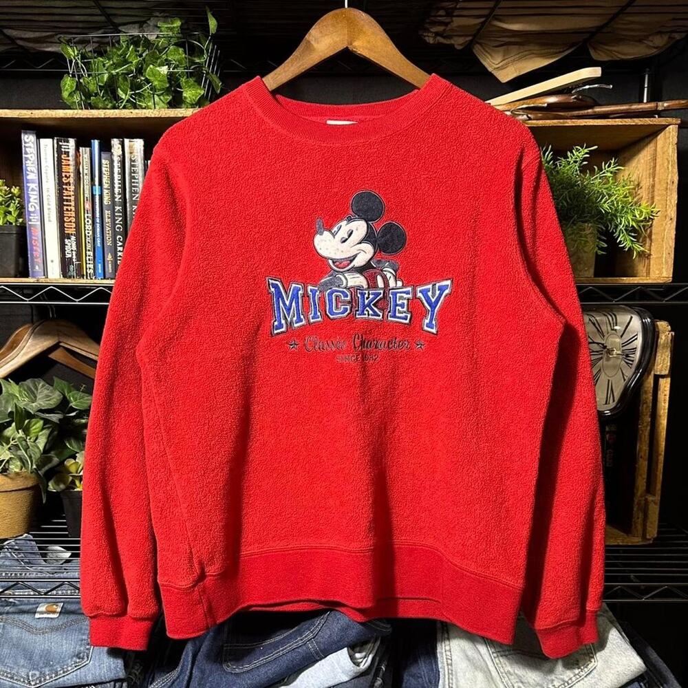 Vintage 90s Mickey Mouse Embroidered Crewneck Red Disney Sweatshirt Small